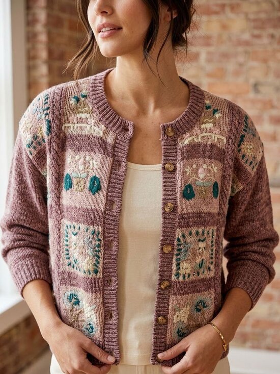 Christopher Banks Sweaters - VTG Christopher Banks Colorblock Embroidered Beaded Button Cardigan RAMIE COTTON